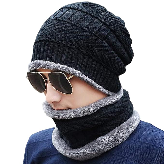 Woolen Winter Cap Beanie Head and Neck Warmer Set (Multicolor, Set of 1)